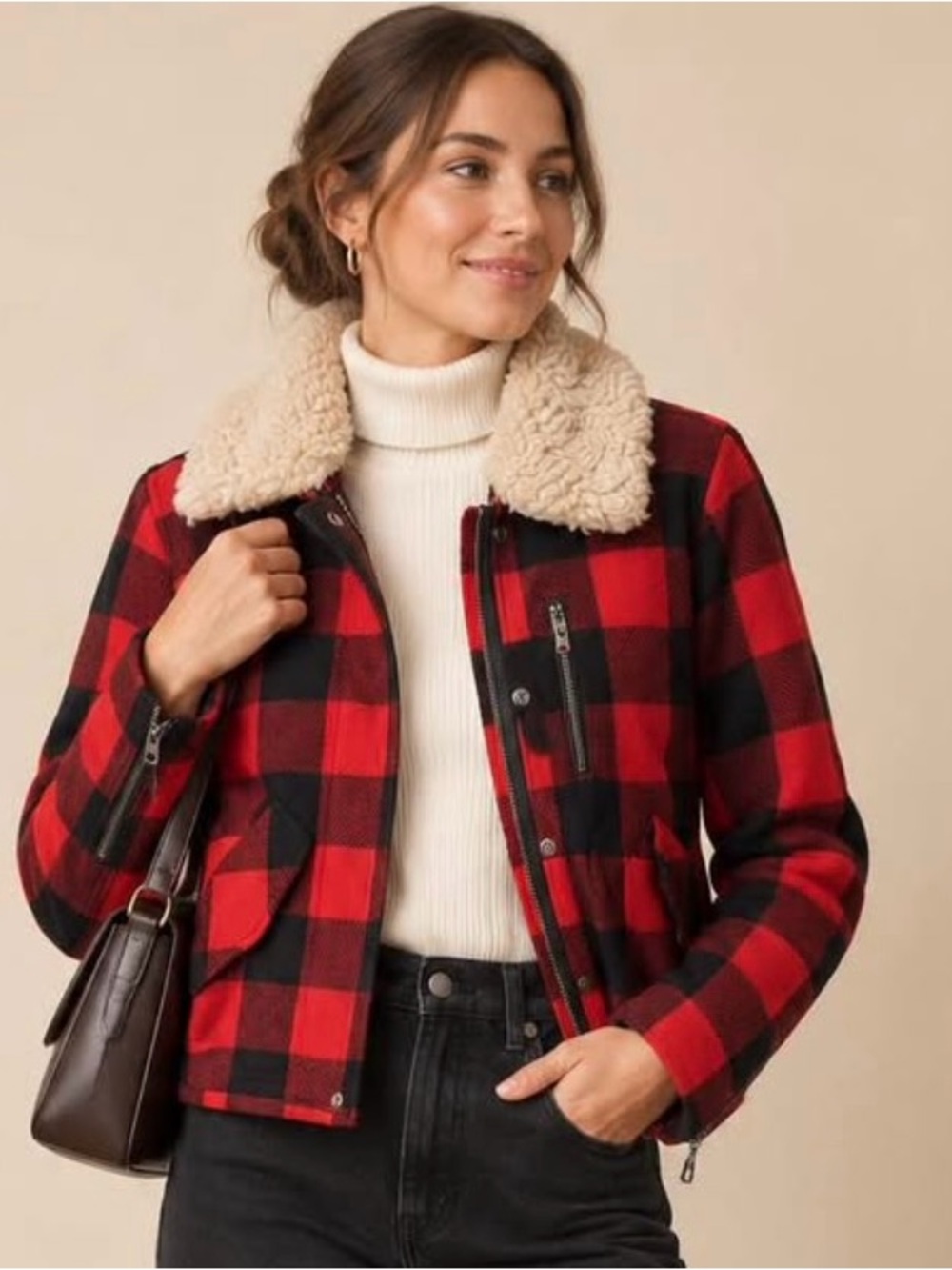 Scotch & Soda Red and Black Buffalo Plaid Jacket w/ Sherpa Collar | M